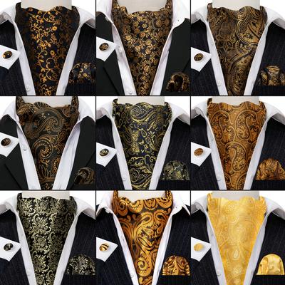 Ascot-Krawatte für Herren, Schwarz und Gold, gewebte Seide, Paisley-Blumenmuster, Einstecktuch, Manschettenknöpfe