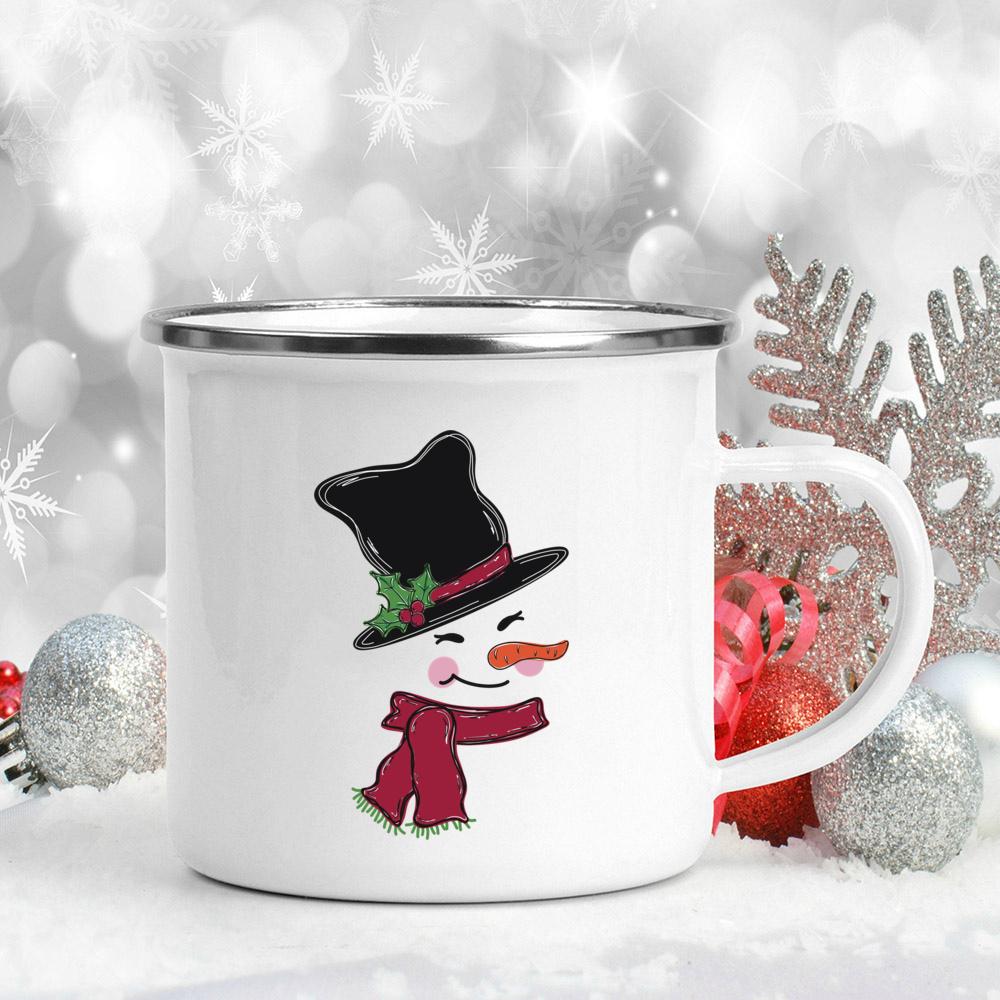 Snowman Ship Print Enamel Coffee Mugs Beer Juice Mug Handle Cocoa Cups Merry Christmas Cup Party Table Decoration New Year Gift