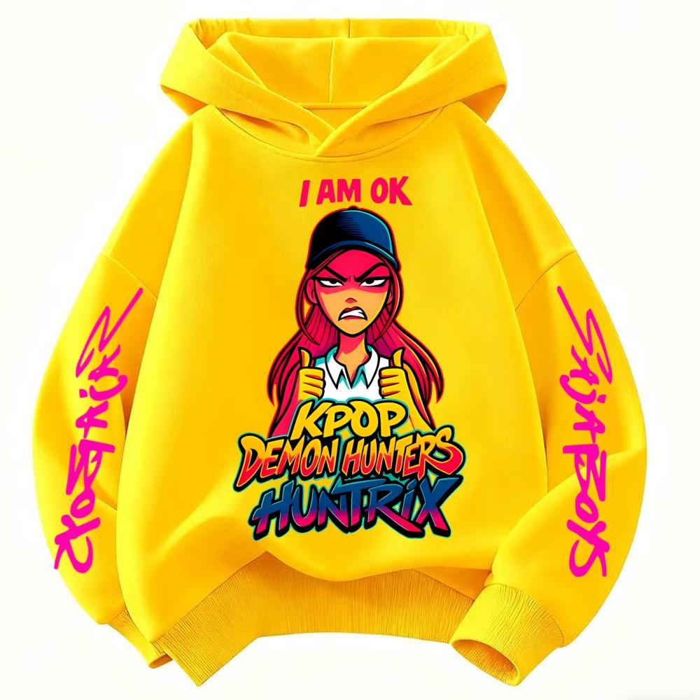 Cute Derpy KPop Demon Hunter Cartoon Girls Hooded Sweatshirt Warm Children's Wave Fashion Tops Casual Black Pink Clothing
