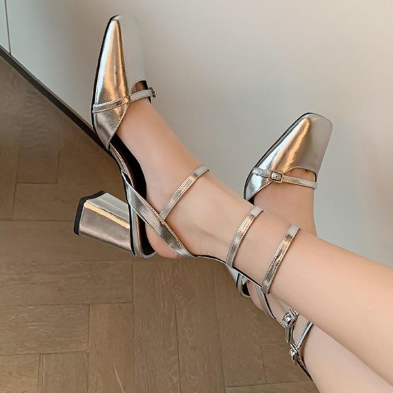 Fashion Shoes for Women Silver Mary Jane High Heels Women High Sense Retro Square Head Strap Bag Head Thick Heel Sandals Sandalias Mujer