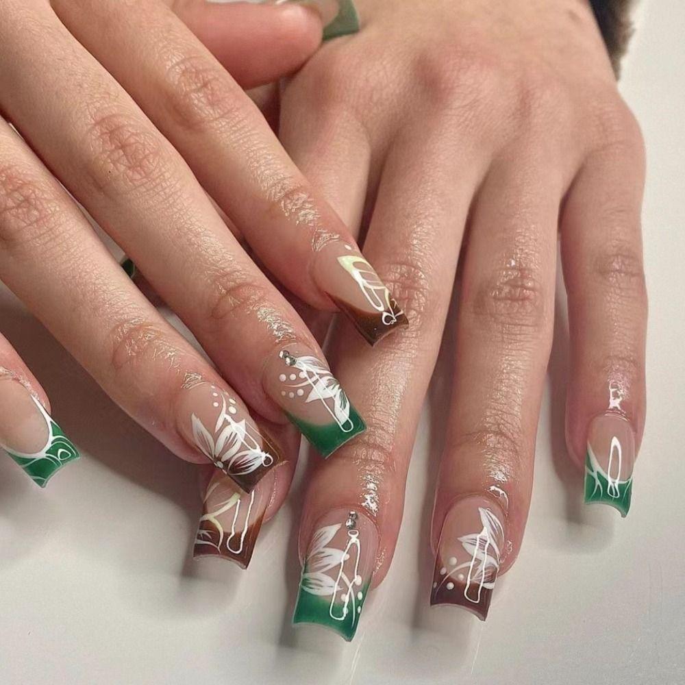 

24pcs Manicure Full Cover Press on Nails Long French Ballerina Fake Nails Green Flowers