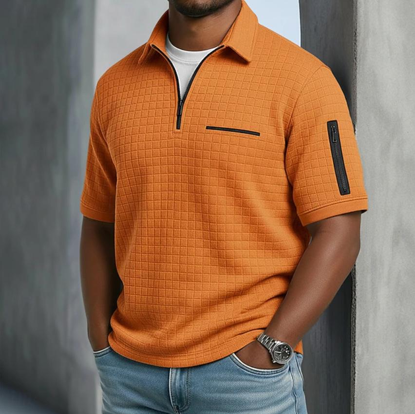 Men's Slim Fit Plaid Short Sleeve Shirt Zipper Front Casual Top with Decorative Arm Zip Pockets