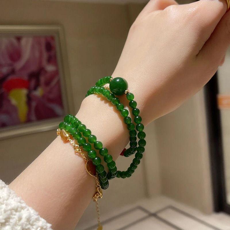 Chinese Style Emerald Green Triple-Circle Bracelet - DIY Multi-Layer Lucky Gift for Women, Friends, or Girlfriends