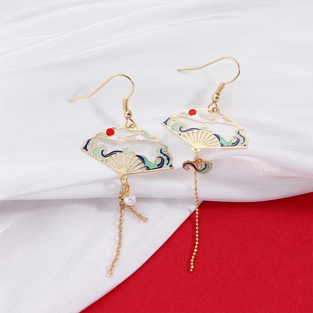 Blossoms Leaf Pendant Chain Lotus Pearl Ear Hoop Hollow Fan Chinese Elements Long Drop Earrings