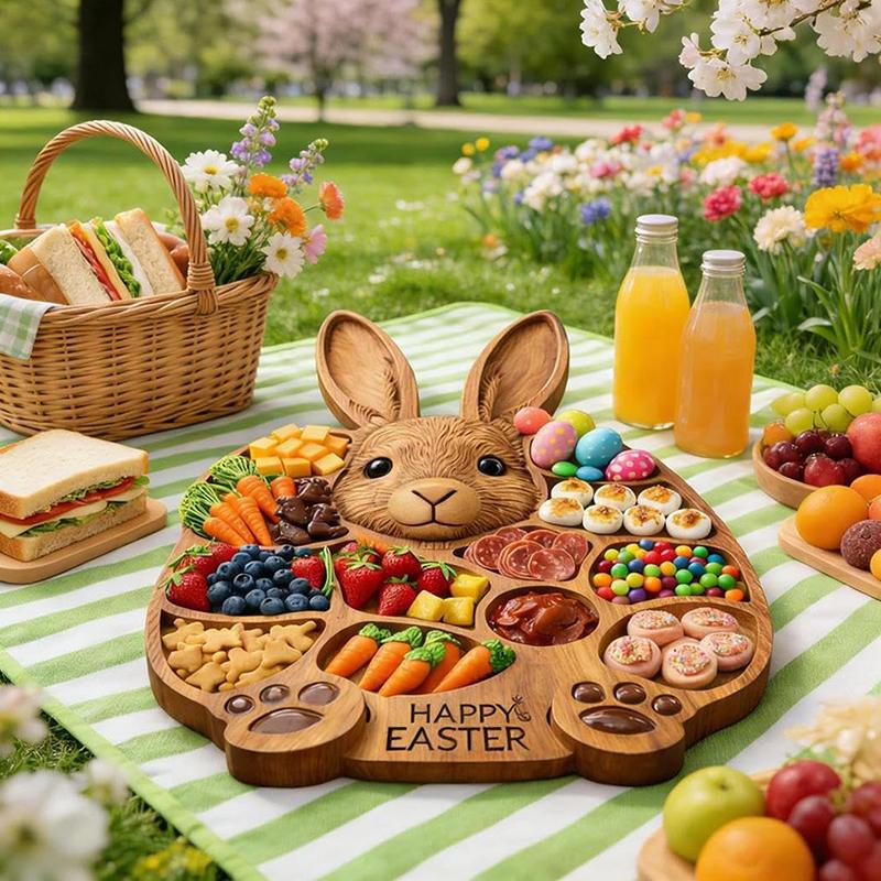 2026 Easter Bunny Rabbit-Shaped Wooden Charcuterie Board Cute Rabbit-Delhi Board with Compartments for Serving Snacks