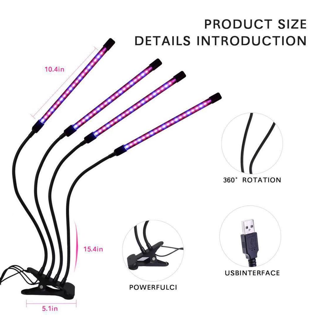 Clip-On USB Plant Growth Light with 4 Heads, Full Spectrum, Timed Dimming