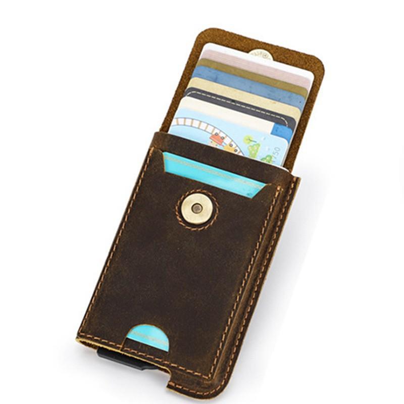 Crazy Horse Leather RFID Anti Theft Brush Automatic Card Box Leisure Fashion European American Trend Set Bag