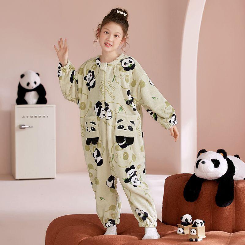Thick Flannel Kids Pajamas One-Piece Sleepwear Boys Girls Winter Warm Home Suit Cartoon Print