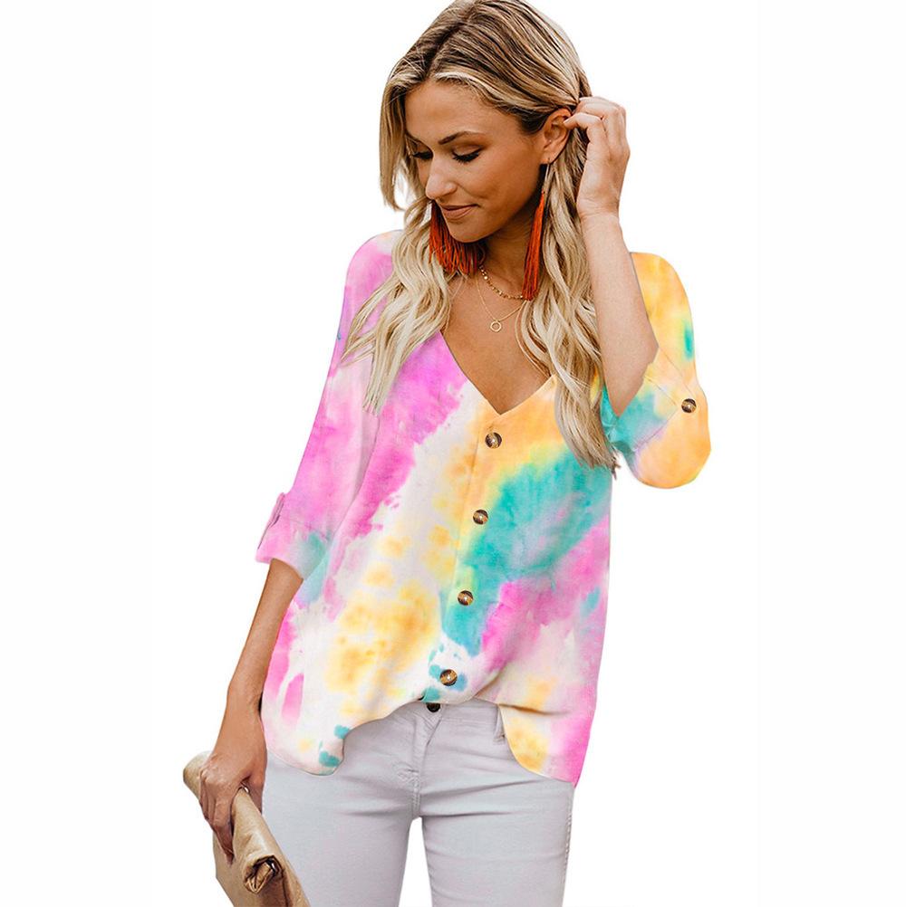 Women's Fashion Plus Size Autumn Tie Dye Button Loose Tops T Shirts Long Sleeve V Neck Casual Blouses