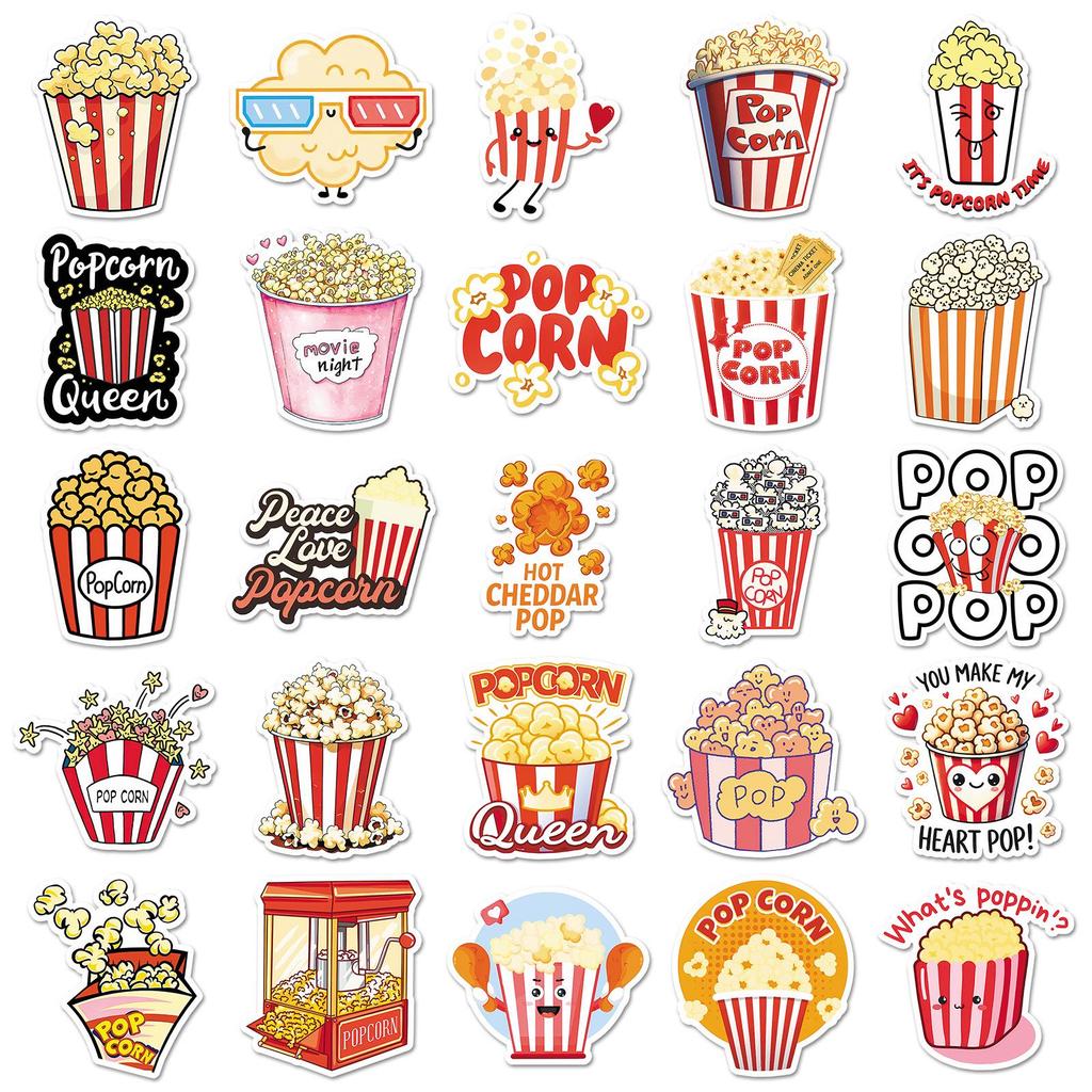 50pcs Cartoon Popcorn Stickers: Fun Food & Snacks Graffiti for Notebooks, Journals, and DIY Projects