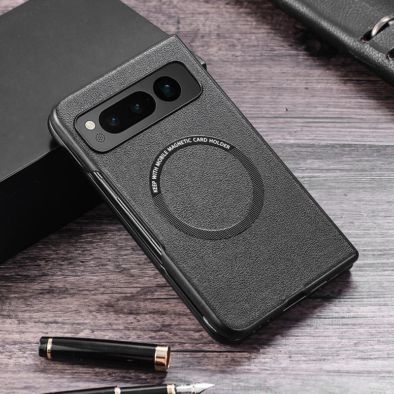 

For Google Pixel Fold Magnetic Phone Case Leather Coated PC Cover Compatible with MagSafe Black