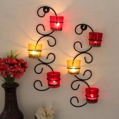 Set of 2 Wall Hanging Tealight Candle Holder Metal Wall Sconce with Glass Cups for Home Wall Decor Restaurant Gift