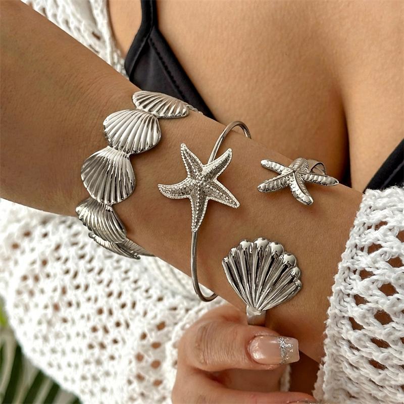 5Pcs/Set Exaggerated Starfish Shell Wide Cuff Bangle for Women Metal Sea Star Stackable Bracelets Summer Beach Party Jewelry