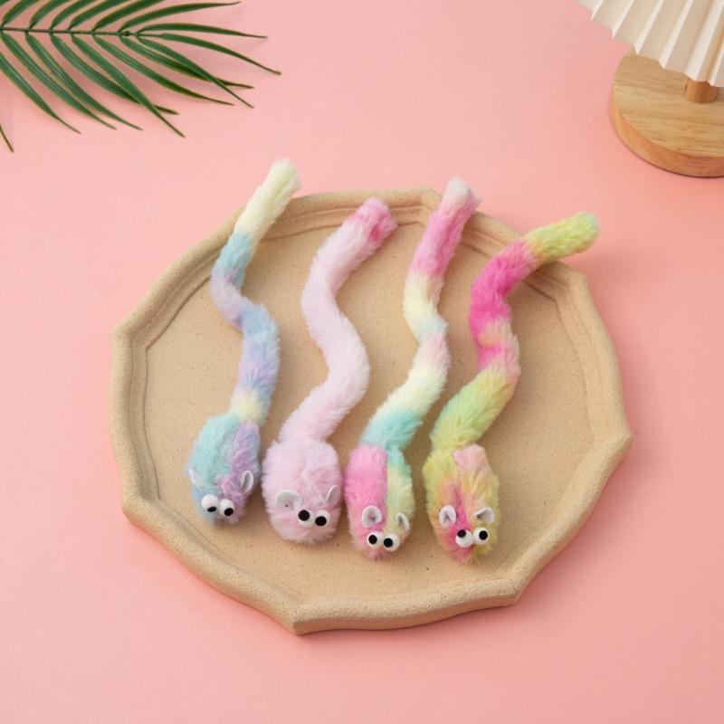 Pink White Plush Cat Toy, Long Worm Kitten Teaser with Bell, Interactive Pet Chew Play Toy for Cats Gift