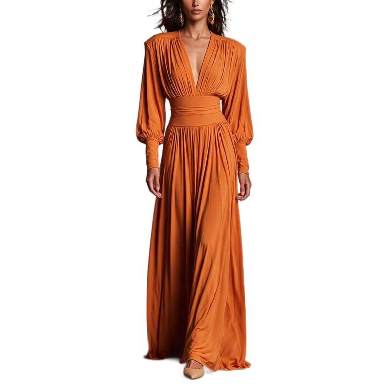 Solid Color Deep V Neck Long Sleeve A-Line Maxi Dress 2026 Elegant Evening Gown