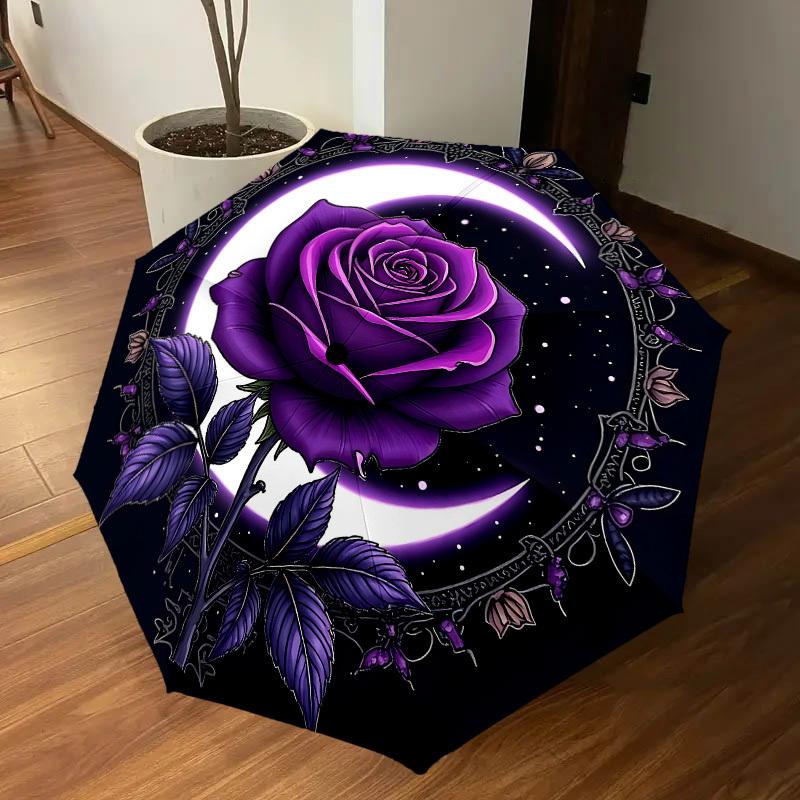 1PC Rose Moon Umbrella-8-Rib Reinforced, Automatic Open, Lightweight & Durable, Cute Fashion Accessory for Outdoor-W9242