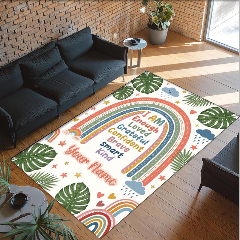 Rainbow Theme Crystal Velvet Floor Rug Personalized Custom Name Text Warm Carpet Home Decoration