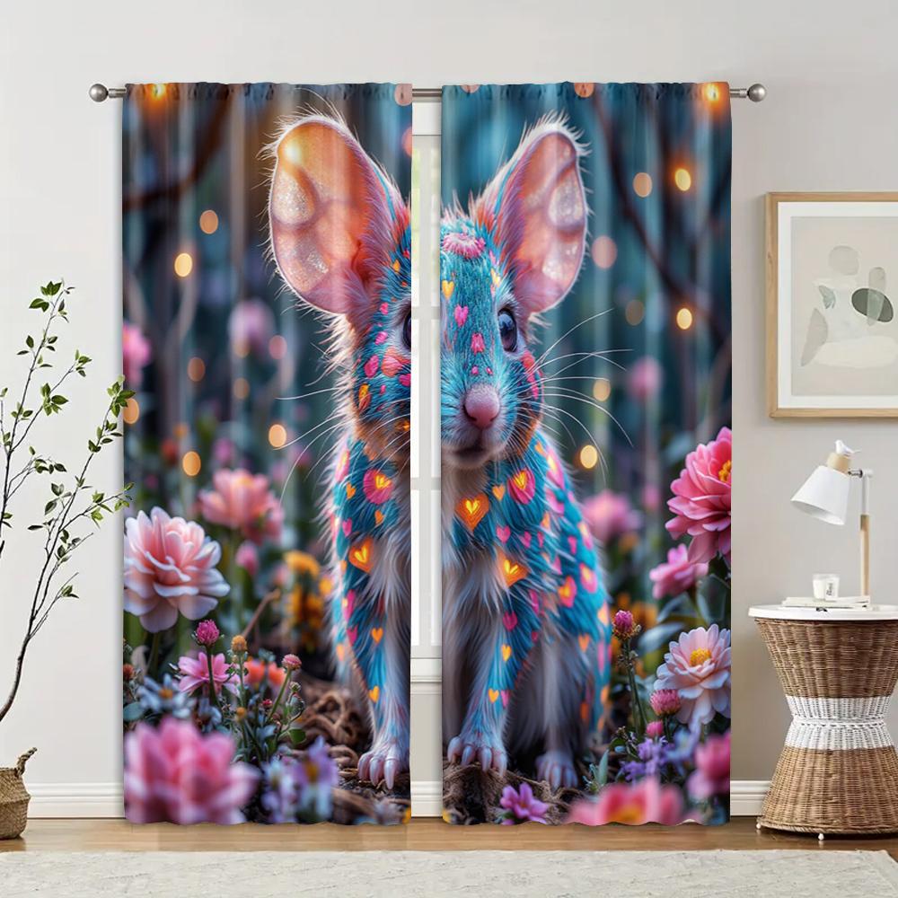 

2 pcs, filtering curtains (excluding rods, non-movable, without batteries) colorful mice and hearts for use in bedrooms and 29x65in(75x166cm)