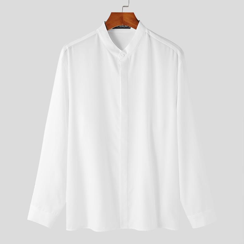 

INCERUN Мужские однотонные рубашки на пуговицах с воротником-стойкой и длинным рукавом S белый