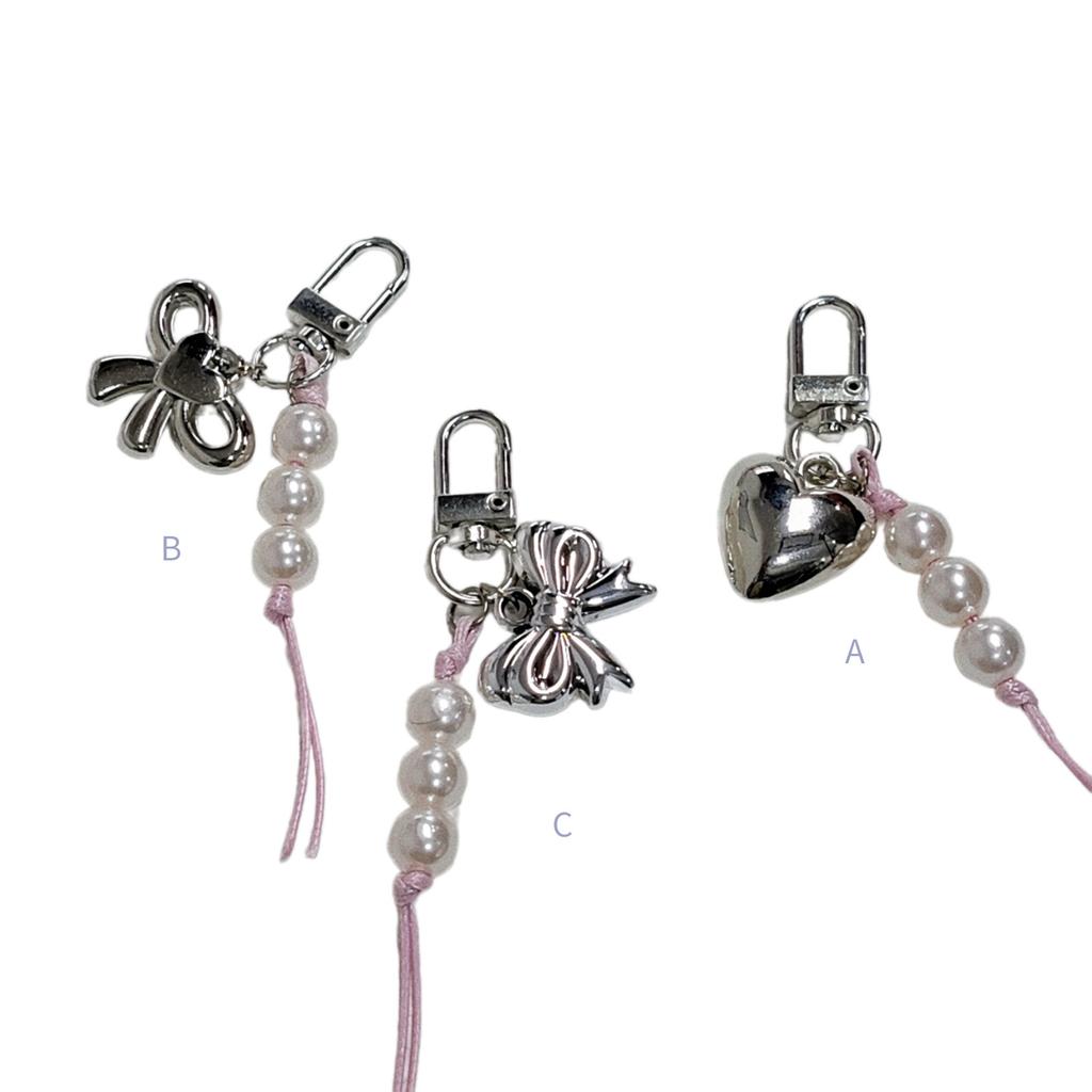 Stylish Bowknot Heart Pendant Pearl Beads Cellphone Lanyard Stylish Bag Accessory Lovely Keychain Jewelry for Girls