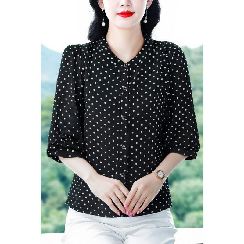 Spring and Autumn Ladies Polka Dot Western Style Small Shirt Fashion Three-quarter Sleeve Shirt