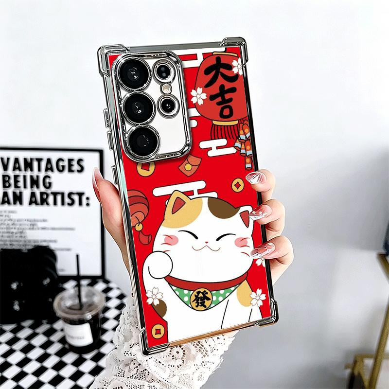 

Lucky Cat Maneki Neko Japanese Soft Phone Case For Samsung Galaxy S26 Ultra S25 Edge S24 FE S23 Plus S22 S21 + S20 Plating Anti- Samsung S26