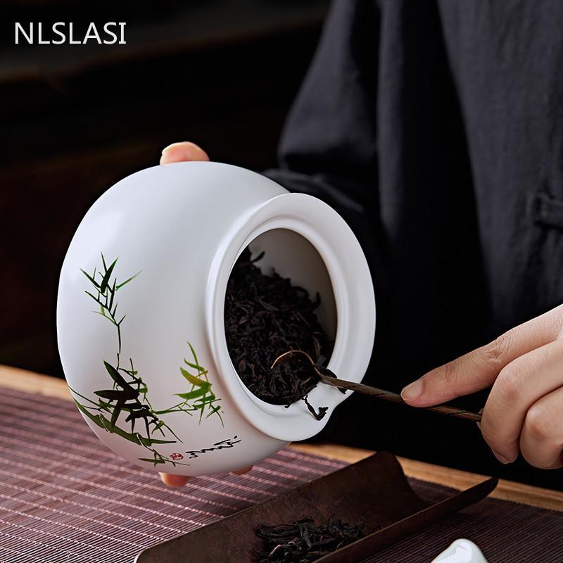 Chinese Bamboo Leaf Pattern Ceramics Tea Caddy Tieguanyin Containers Travel Portable Tea Box Sealed Jar Coffee Spice Organizer