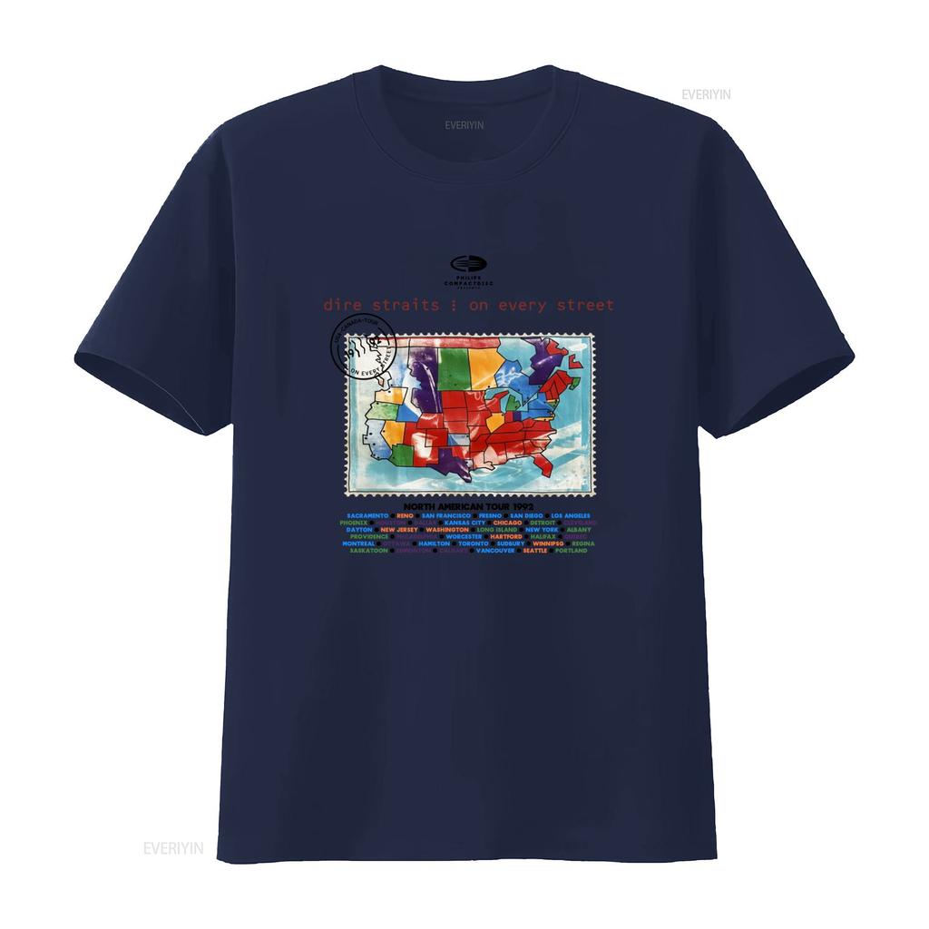 1992 Dire Straits on Every Street Tour North American Map Design T shirt vintage Washed Stretched Casual streetwear Stylish