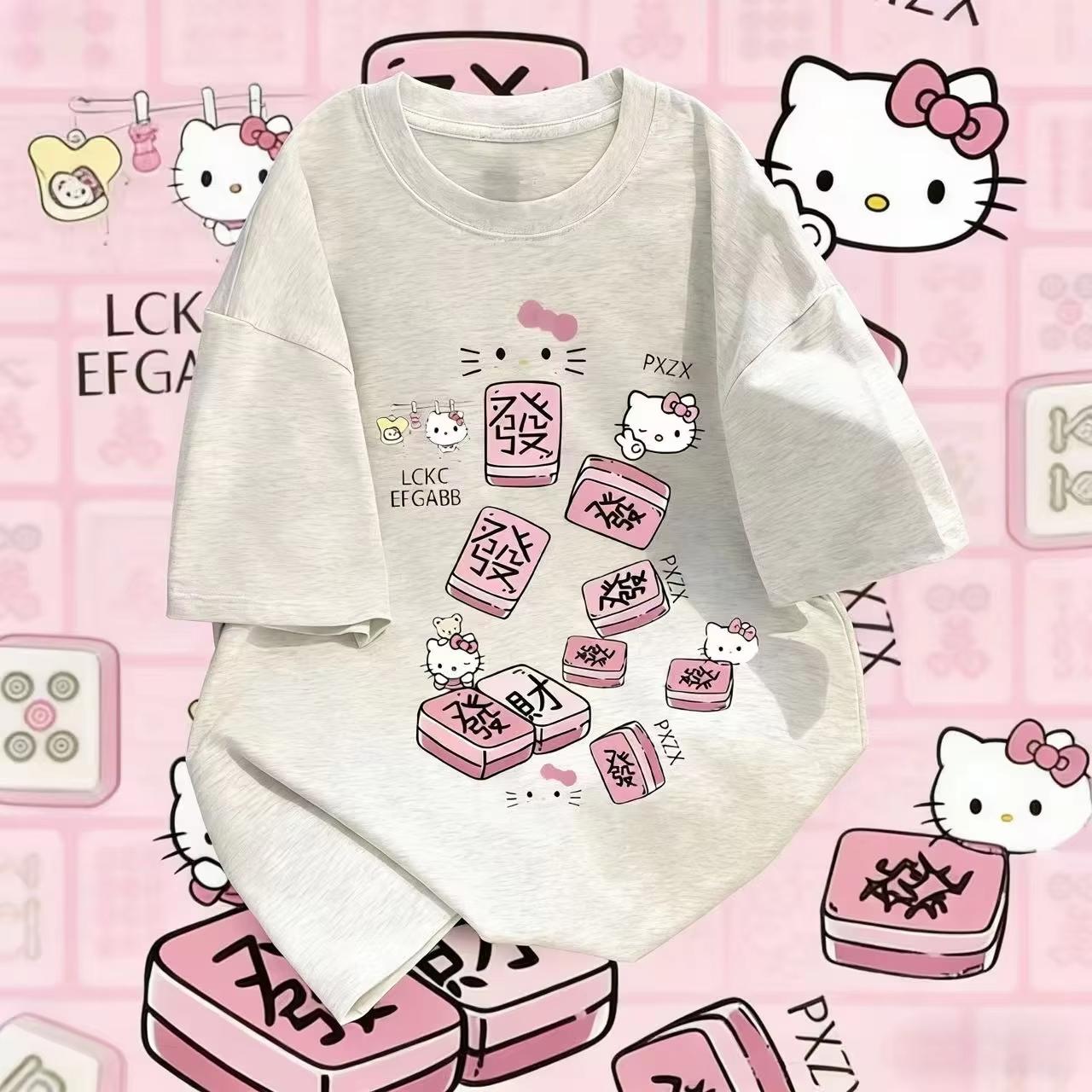 

2026 Summer Hello Kitty Mahjong Fortune Theme Printed Comfortable summer loosefitting Womens clothing S