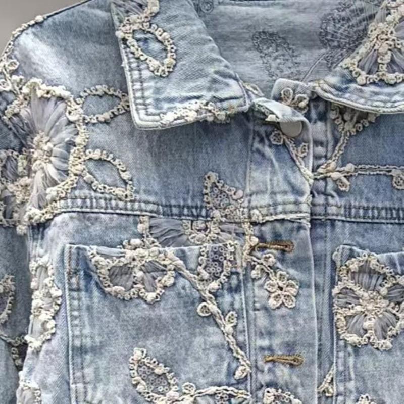 2026 Womens Denim Jacket Beaded 3D Loose Short Streetwear