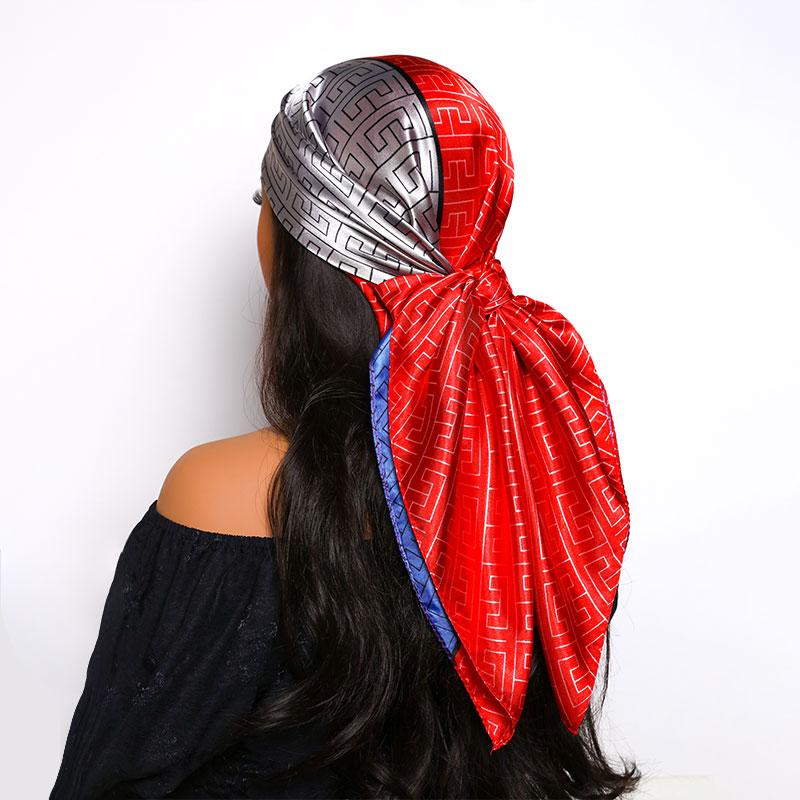 Large Square Vintage Summer Polyester Headscarf New Fashionable Hair Tie Geometric Lines Matching Colors Traditional Scarf Shawl
