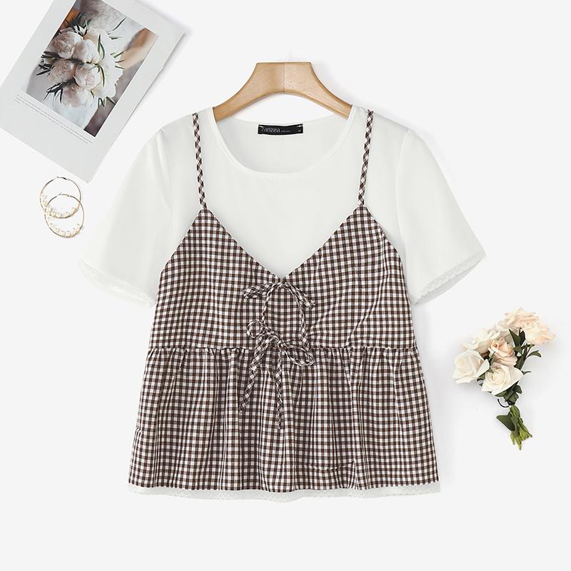 

ZANZEA Women Casual Round Neck Plaid Patchwork Short Sleeve Blouse 5XL коричневый
