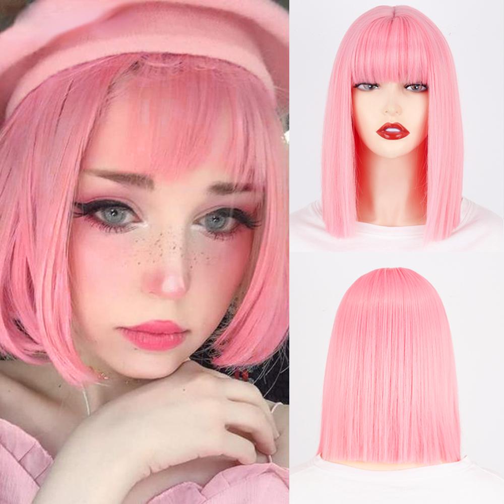 MISS WIG Short Bob Synthetic Wigs with Bangs for Women Wigs Blonde Black Blue Fiber Natural Hair for Lolita Cosplay Party Daily Use