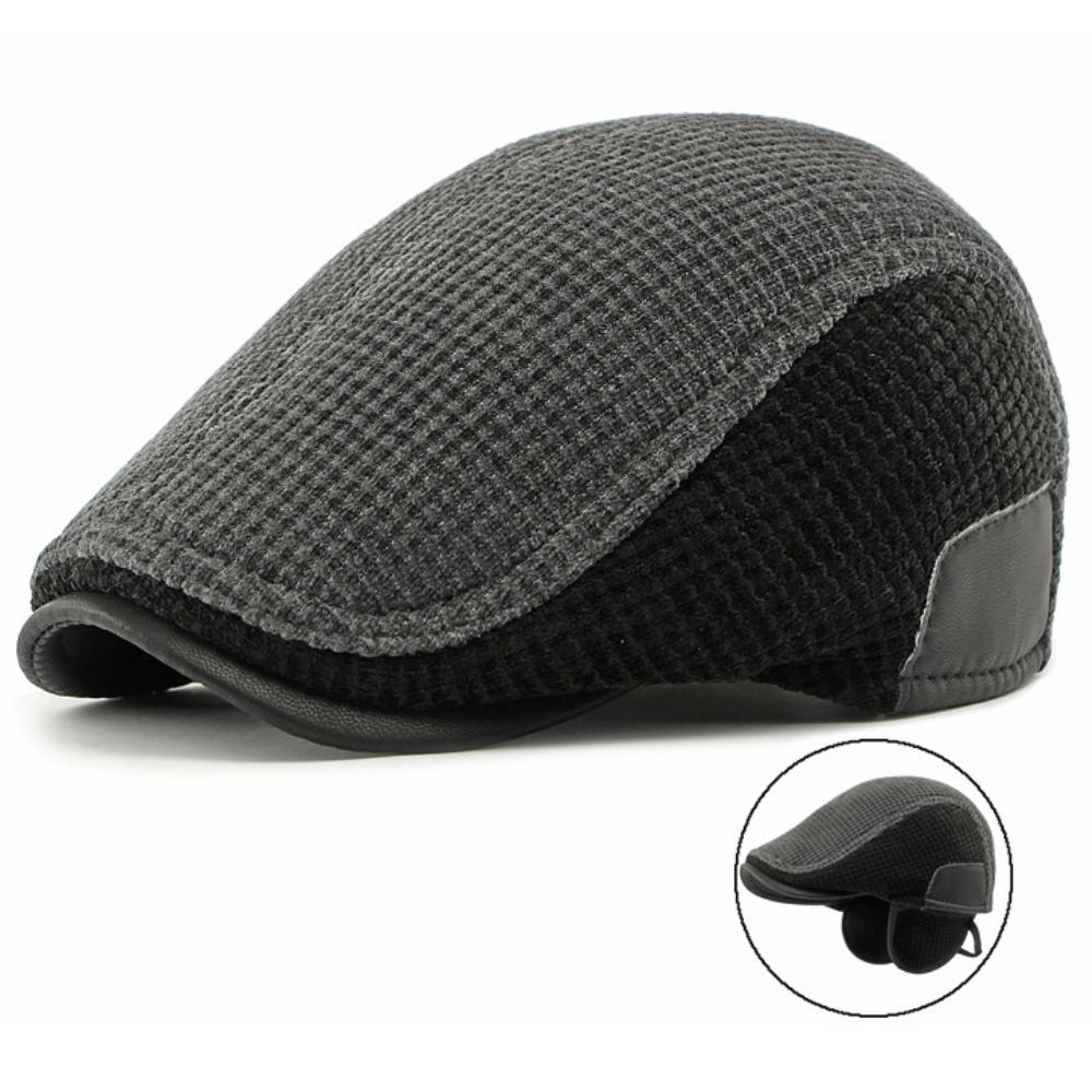 

HT4539 Men Berets Thick Warm Winter Hat Caps for Men Male Ivy Flat Cap Knitted Artist Painter Beret Hat with Ear Flaps Beret Cap 55-60cm Elastic