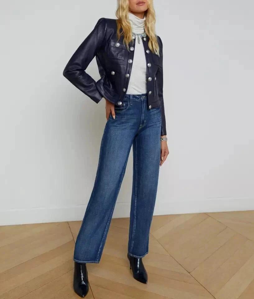 

Женская стильная темно-синяя байкерская куртка из натуральной овчины для дальнобойщика и мотоцикла 3XL темно-синий