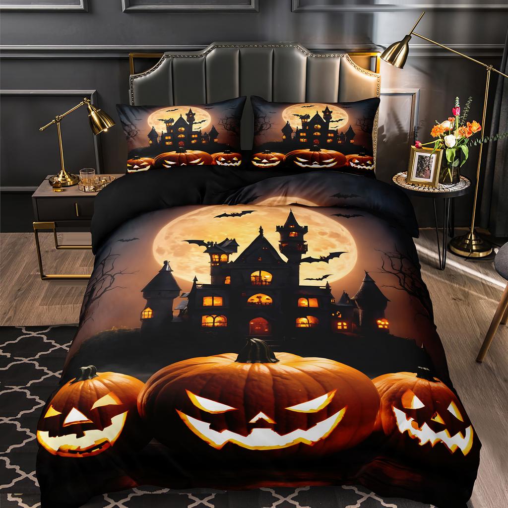 Cat Pumpkin Duvet Cover Set Halloween Comforter Cover Ghost Bedding Set Horror Quilt Cover Black Room Decor 3PCS NO Comforter