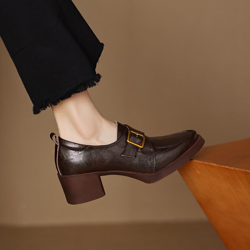 Fashion 2025 New Women Pumps Pointed Toe Women Shoes Chunky Heel Loafers Fashion High Heels Split Leather Ladies Shoes Big Size 43