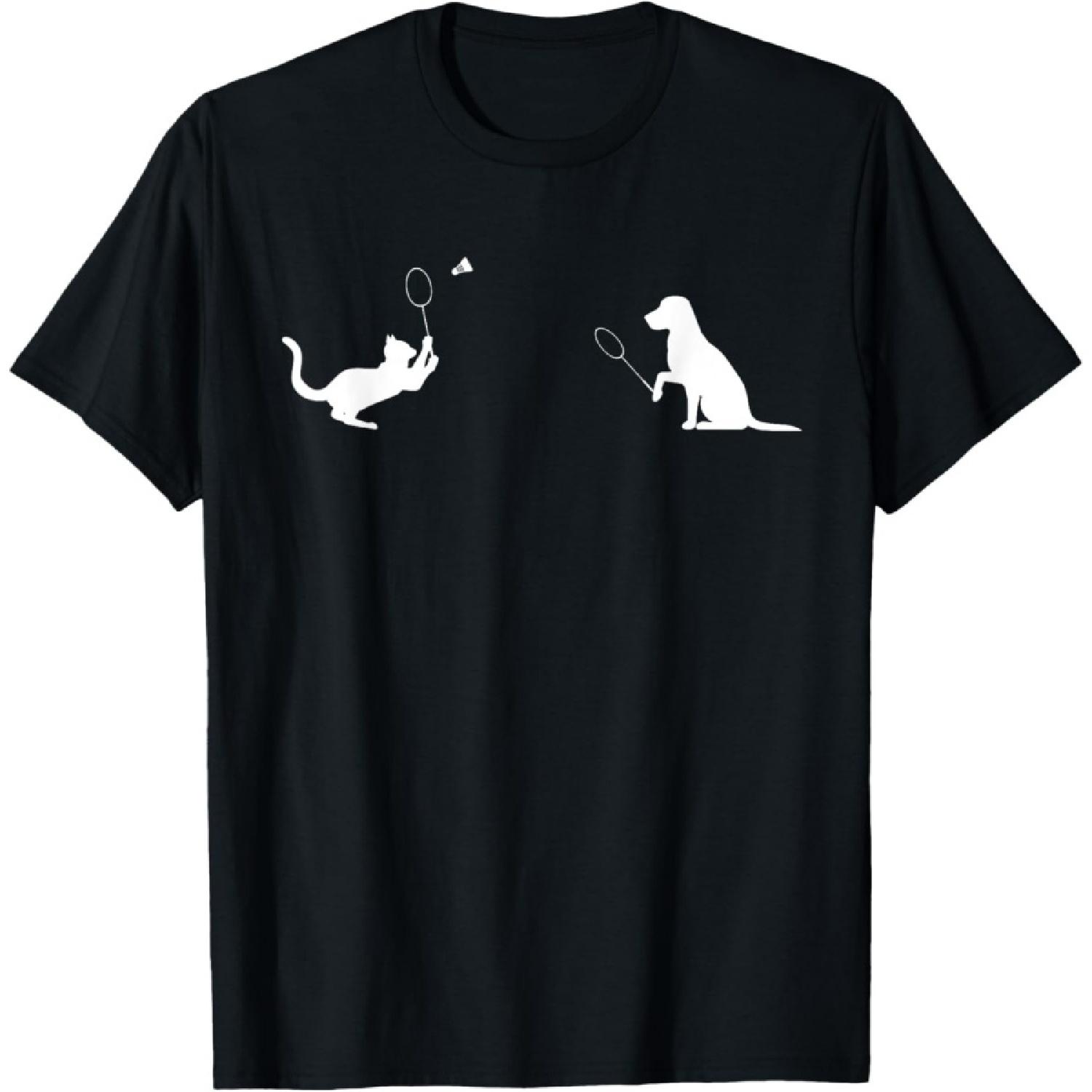 Funny Badminton Cat and Dog Design Apparel Kitten Kitty T-Shirt for Men Women Girls Kids(1) S