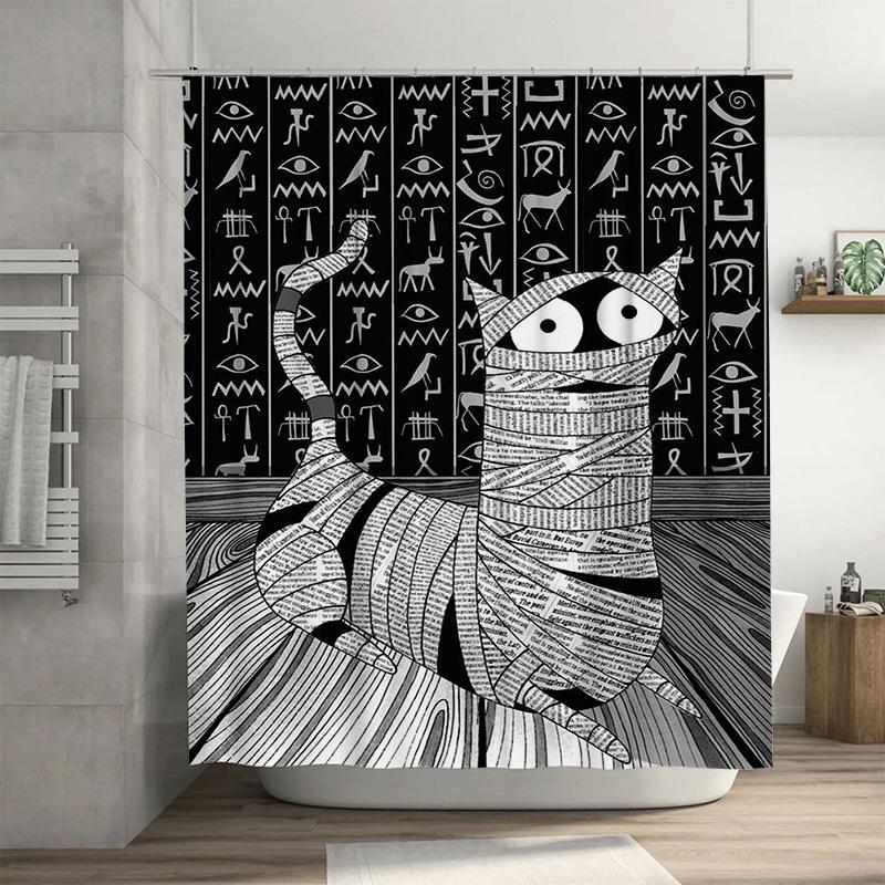 

Black And White Cat Mummy Shower Curtain Egyptian Hieroglyphs Print Fabric Waterproof Bath Decor Home Accessory W60H190(CM)-1 Pcs