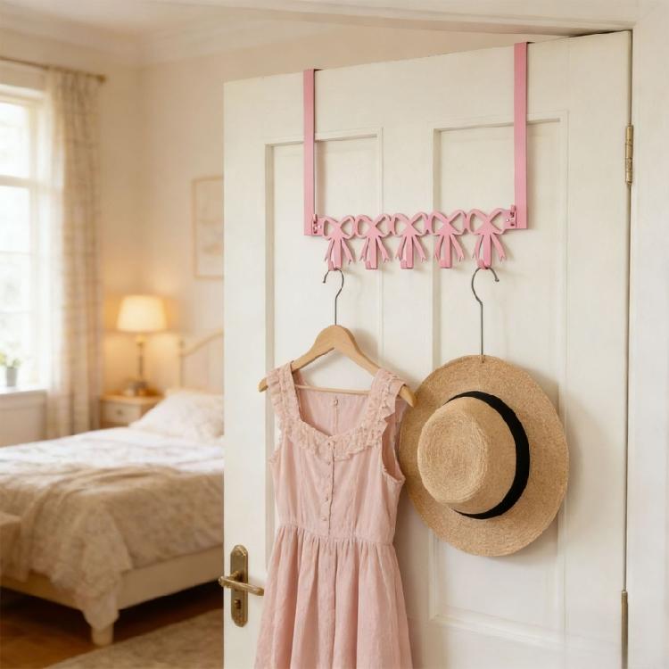 Pink Metal Over Door Hook for Clothes Bags Towels Easy Installation Coat Hanger Space Saving Storage Solution