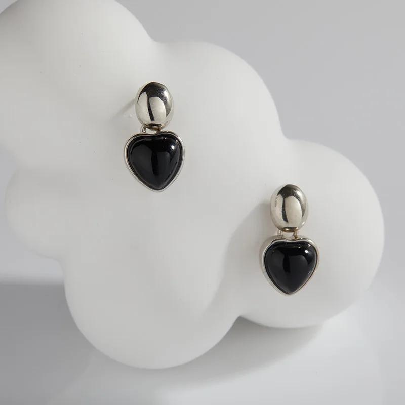 

S925 Sterling copper Natural Black Onyx Stone Earring/necklace Love Heart Shape Sweet Cool Girl s Gitfs Fine Zircon for Women