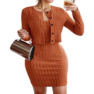 2Pcs/Set Women Knitted Dress Coat Sling Bodycon Set Solid Color Mini Dress Long Sleeve Single Breasted Cropped Coat