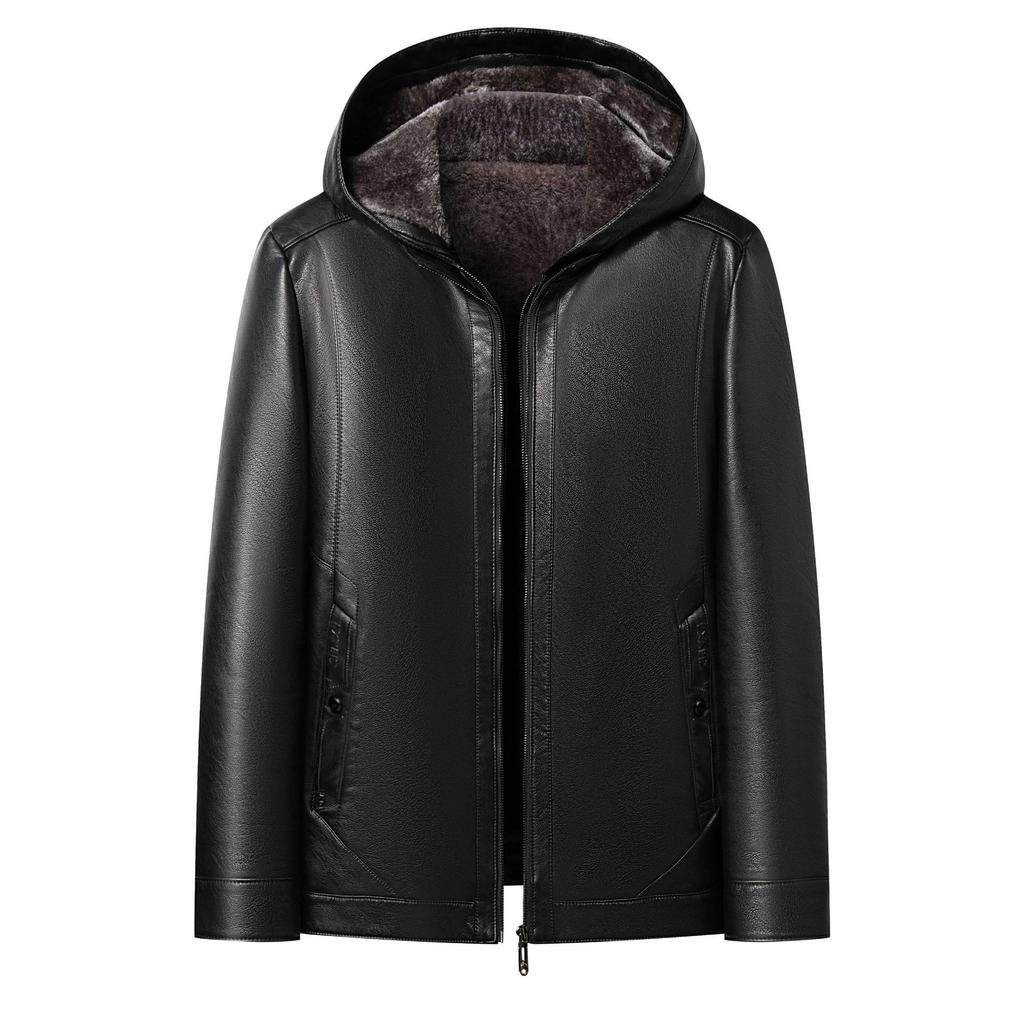 High-end New Leather Jacket for Men In Autumn and Winter Plus Velvet Warm Short Sheepskin Jacket Detachable Hooded Leather Jacket