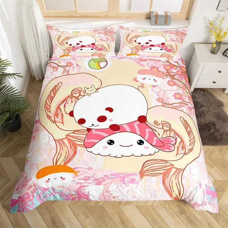 Jessica Chen Unisex Cartoon Panda Sushi King Duvet Cover Japanese Style Cherry Blossom Comforter Cover Queen Microfiber Koi Fish Floral Bedding Set