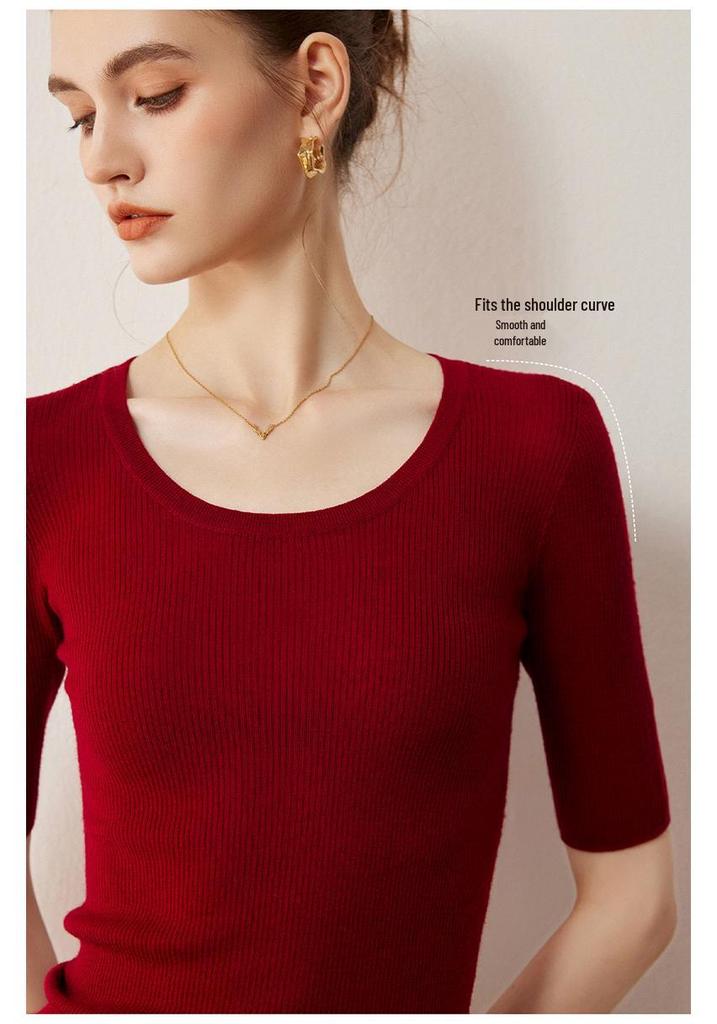 2026 Autumn/Winter Women's Slim Fit Five-Sleeve Wool Sweater, Round Neck