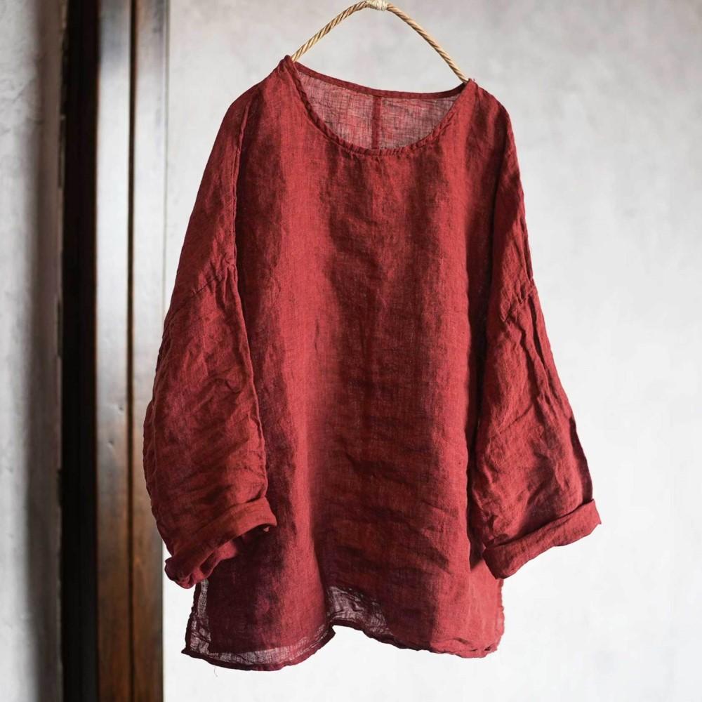 Johnature Women T-Shirts Vintage Spring Chinese Style Solid Color Long Sleeve O-Neck Loose Female T-Shirts