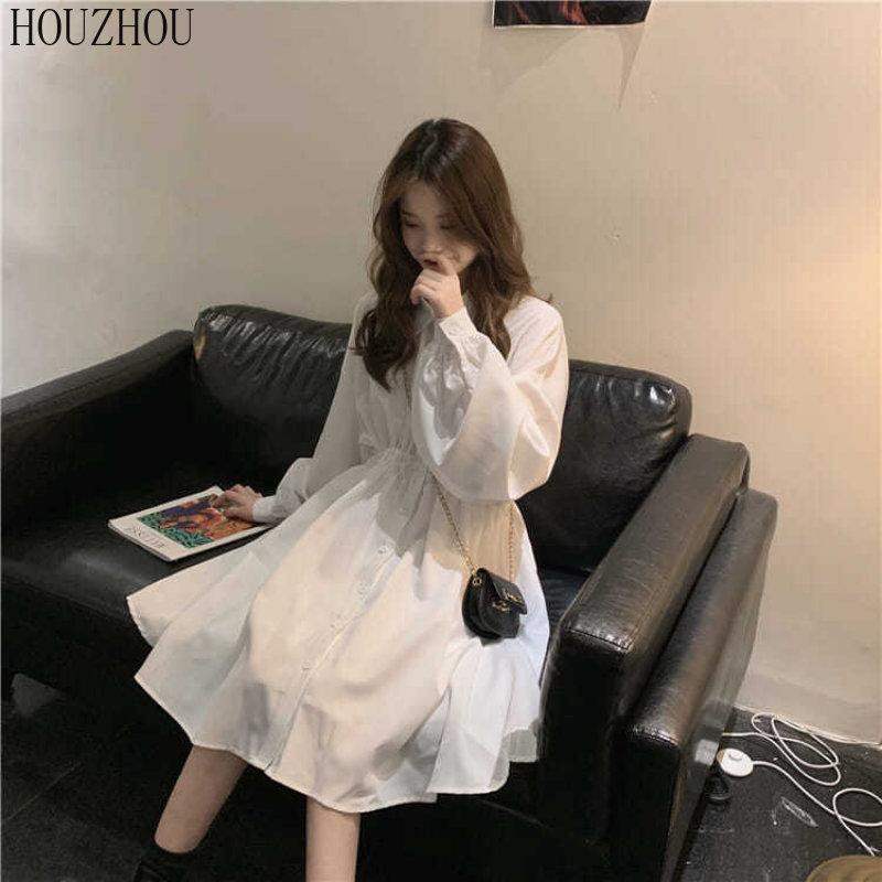 HOUZHOU Hvit skjortekjole Dame Langermet koreansk Klassisk Basic Chic Elegant Svart Midikjole med høy midje