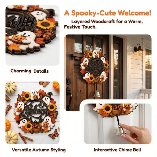3D Floral Pumpkin Wall Art Halloween Ghost Wooden Welcome Door Hanger Sign, Cute Ornament with Bell Durable Sign for Porch Hanging Rope, Decor Indoor