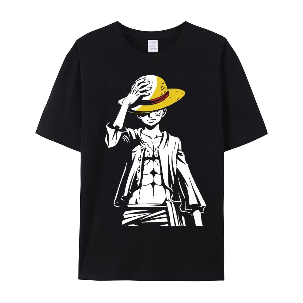 2026 One Piece 2026 Unisex Black T Shirt Front Chibi Luffy Skull Comfortable summer loose Unisexs Tshirt