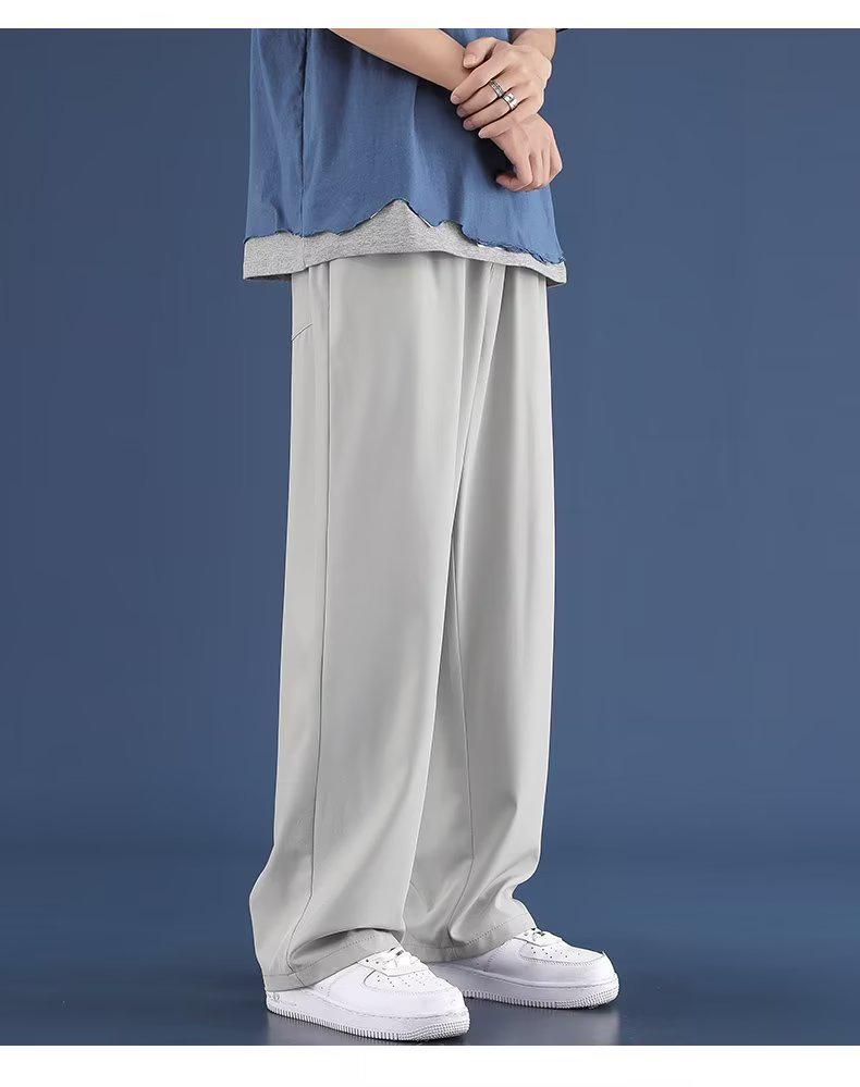Men's Summer Ice Silk Wide-Leg Pants – Solid Color, Loose Fit, Plus Size, Straight Leg, Hong Kong Style